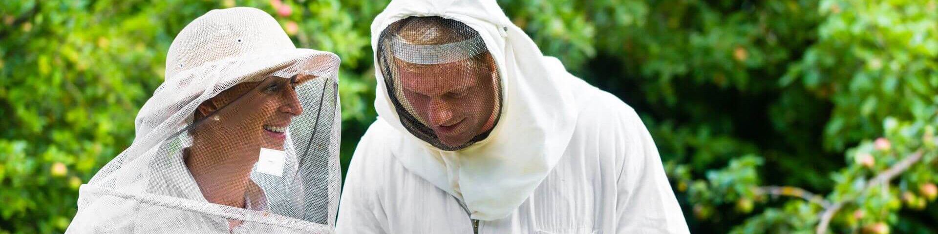 zwei Bienenfacharbeiter in ihrem Schutzanzug