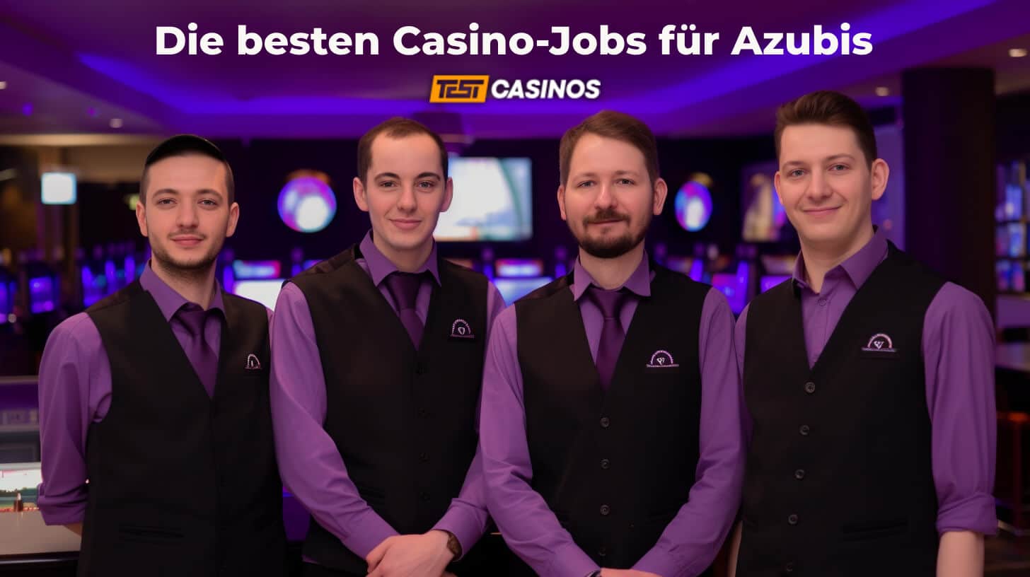 Lehrlingsportal.at Vier uniformierte Mitarbeiter stehen zusammen in einem Casino. Der Text oben lautet „Die besten Casino-Jobs für Azubis“ mit „TEST CASINOS“-Logo.