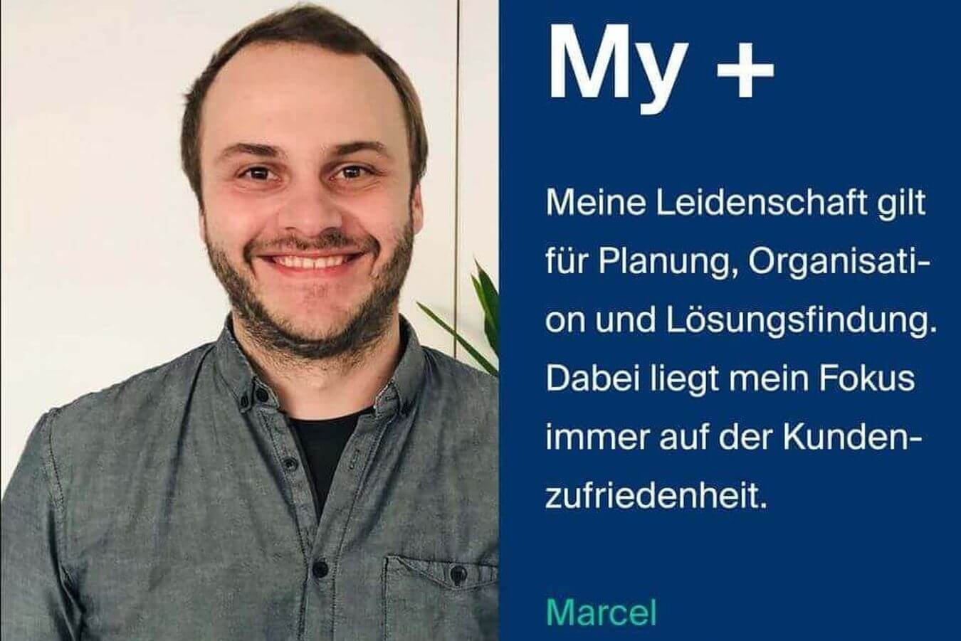 Lehrlingsportal.at Eine lächelnde Person neben einem Text auf Deutsch über ihre Leidenschaft für Planung, Organisation und Problemlösung mit Fokus auf Kundenzufriedenheit. Der Name „Marcel“ steht darunter.