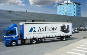 Axflow blauer LKW vor Lagergebäude