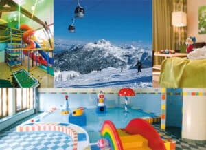 Fotocollage mit Seilbahn Indoorspielplatz Kinderbecken und Zimmer