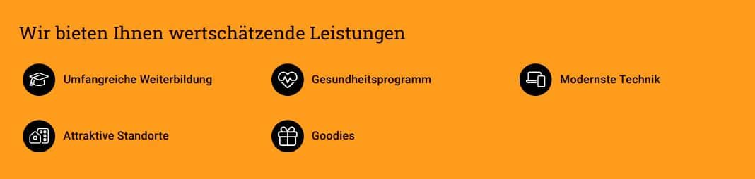 Lehrlingsportal.at Orangefarbener Hintergrund mit Symbolen und Text auf Deutsch: „Umfangreiche Weiterbildung, Gesundheitsprogramm, Attraktive Standorte, Goodies, Modernste Technik“ unter „Wir bieten Ihnen wertschätzende Leistungen.“