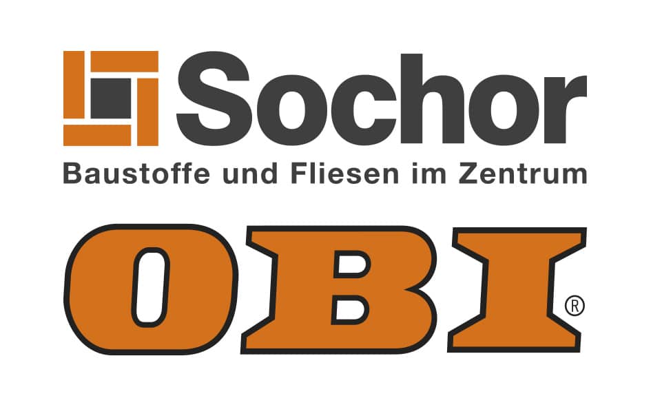 Lehrlingsportal.at Logo mit „Sochor Baustoffe und Fliesen im Zentrum“ und „OBI“ in Fettschrift.