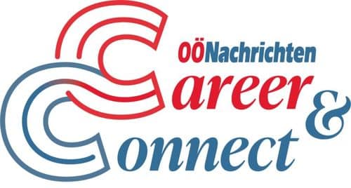 Lehrlingsportal.at Logo mit dem Text „OÖNachrichten Career & Connect“ in Rot und Blau, gekennzeichnet durch stilisierte, überlappende C’s.