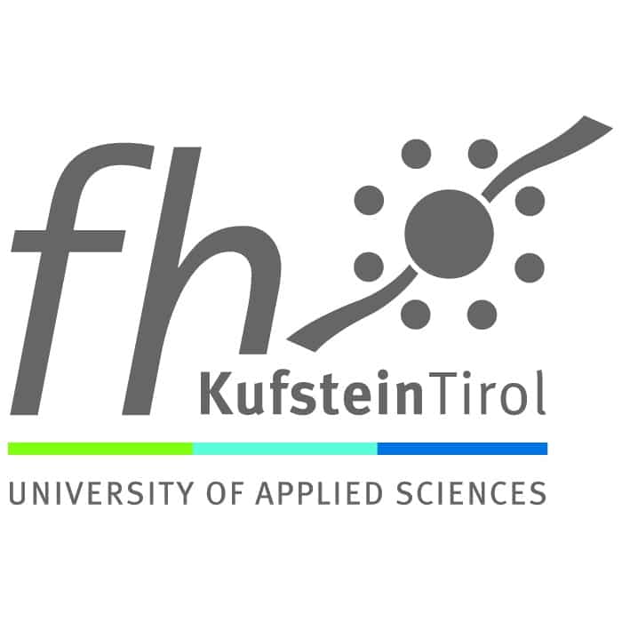 Lehrlingsportal.at Logo der FH Kufstein Tirol mit den stilisierten Buchstaben „fh“ in kreisförmigem Design und Text darunter.