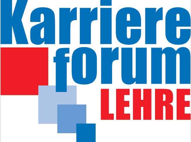 Lehrlingsportal.at Der fettgedruckte Text lautet „Karriere forum LEHRE“ in Blau und Rot, mit roten und blauen Quadraten auf weißem Hintergrund.