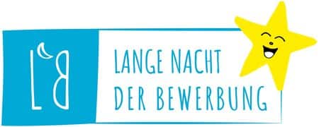 Lehrlingsportal.at Blau-weißes Logo mit dem Text „LANGE NACHT DER BEWERBUNG“ und einem lächelnden gelben Stern.