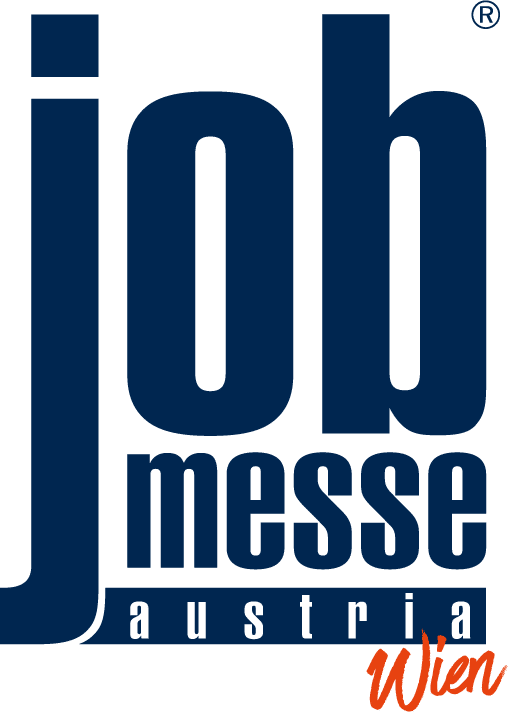 Lehrlingsportal.at Logo der „job messe austria Wien“ mit fettem blauem Text für „job messe austria“ und „Wien“ in kursivem Orange.