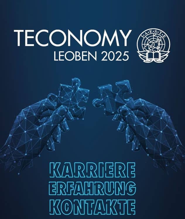 Lehrlingsportal.at Drahtgitter-Hände, die Puzzleteile halten, darunter der Text „TECONOMY LEOBEN 2025“ und „KARRIERE ERFAHRUNG KONTAKTE“ mit einem Logo.